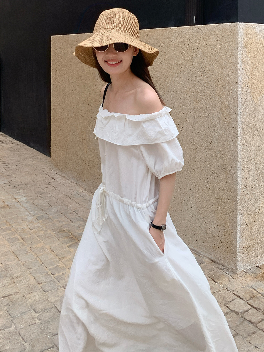 XR161 Tencel one-shoulder dress summer Korean style simple waist slim long dress