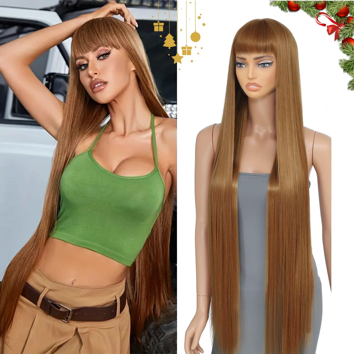 40 inch green blonde synthetic waterwave wig with bangs glue free extra long straight wigs human hair 360, perfect for ladies green party