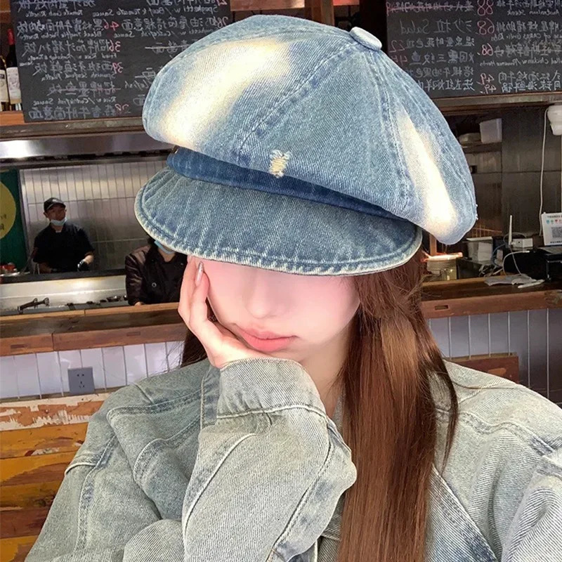 Retro Tie-dye Hole Denim sboy Hats for Men and Women Spring Summer Casual Versatile Literary Octagonal Berets Cap 250604