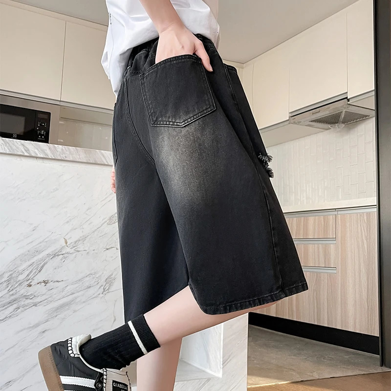 M-6XL Plus Size Denim Shorts For Women Summer High Waist Black Hole Ripped Half Pants Women Black Bermuda Shorts 250609