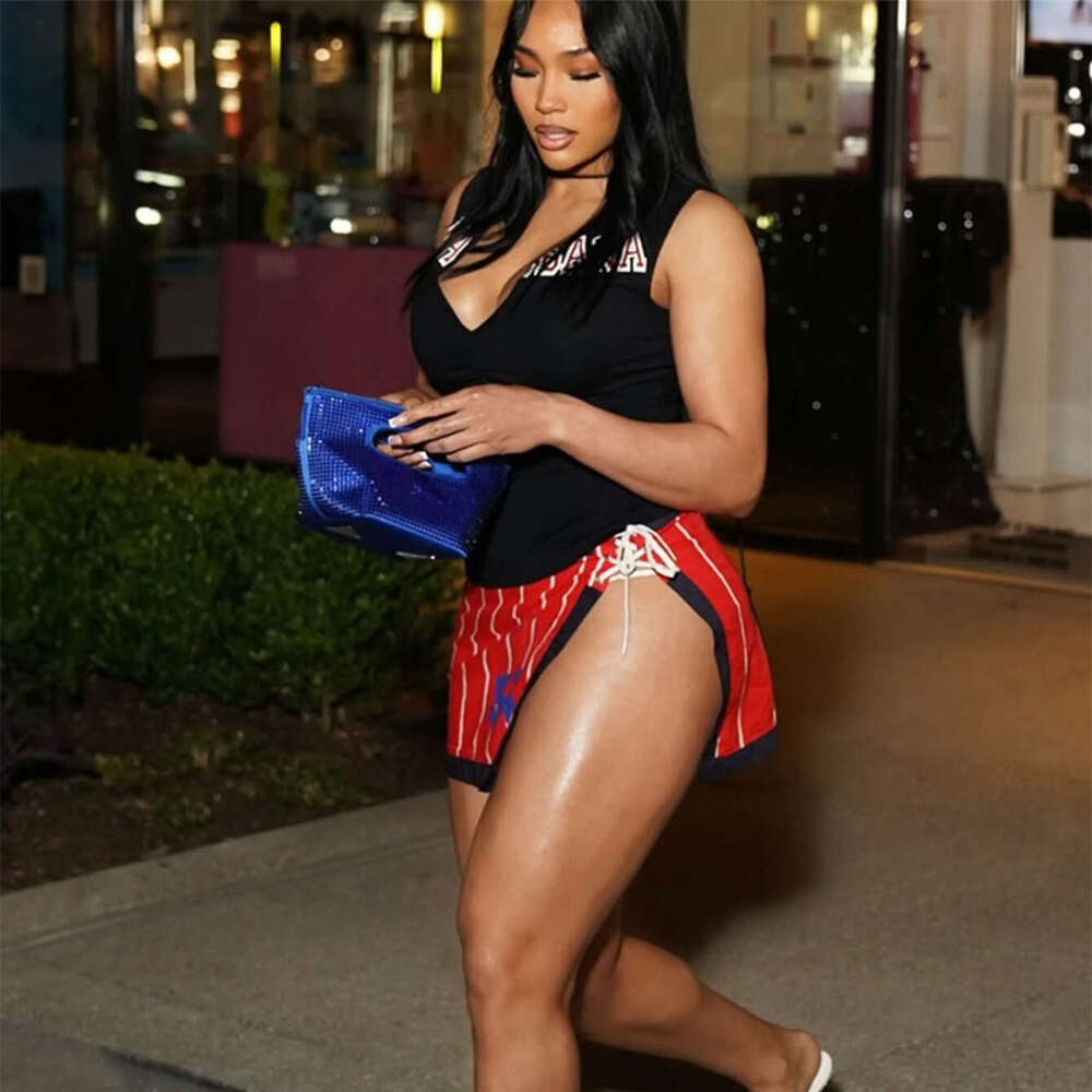 Summer Letter Print Tie Deep V Top With Waist Split Mini Skirt Set B5