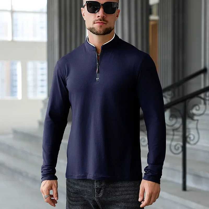 2025 New Mens Casual Fashion Zipper Solid Color Long Sleeve Polo Shirt Stand Up Collar Versatile Comfortable Top W250616