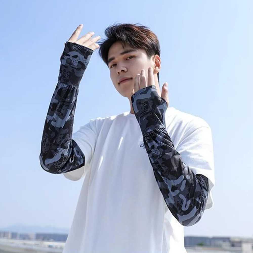 Fashion Camouflage Print Ice Silk Anti-UV Arm Sleeves Breathable Men Sunscreen Sleeves Non-slip Half Finger Fishing Run Sleeves 250610
