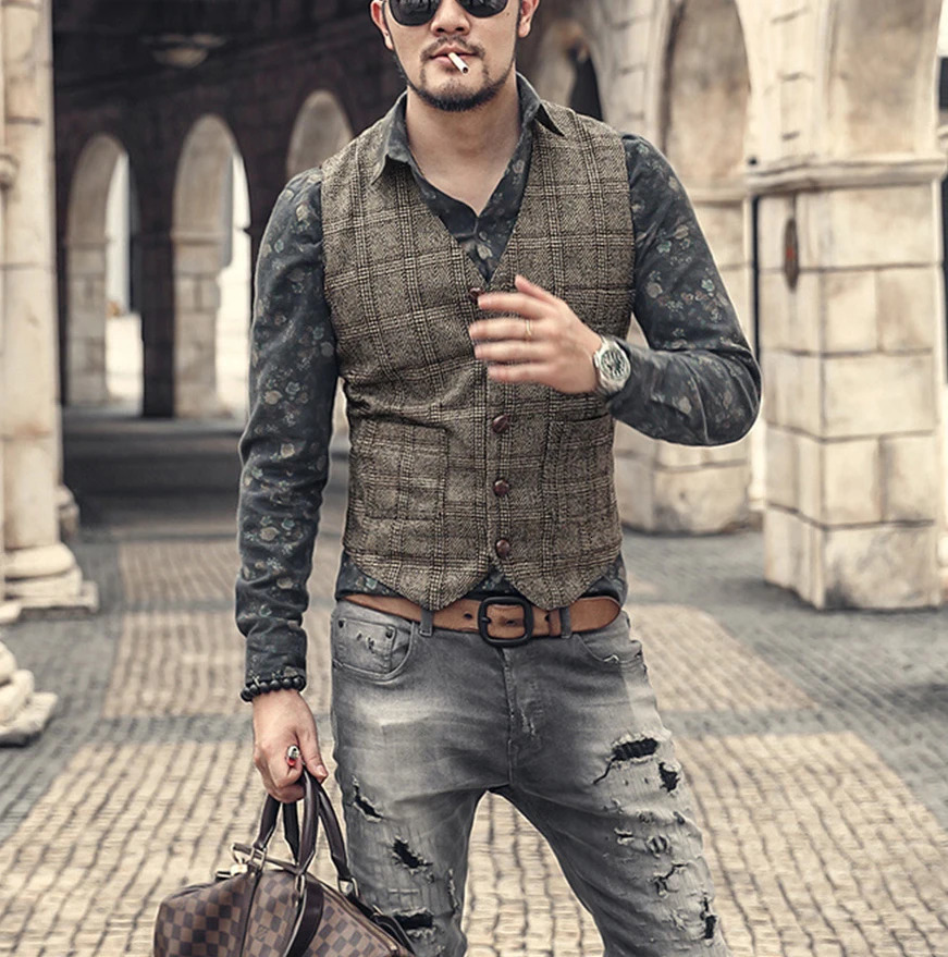 Silver Plaid Suit Vest For Men Wool Tweed Casual Slim Fit Waistcoat Formal Business Vest For Groomsmen For Wedding 250614