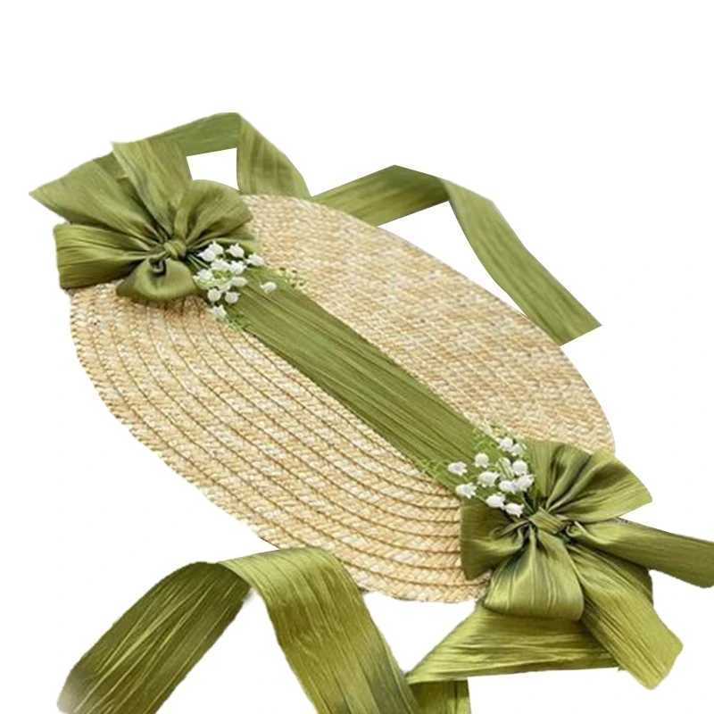 New Arrival Women Victorian Wedding Tea Party Bonnet Handmade Lolita Retro Green Flower Bow Beach Sun Straw Weaving Hat French Pastoral Cap U250616