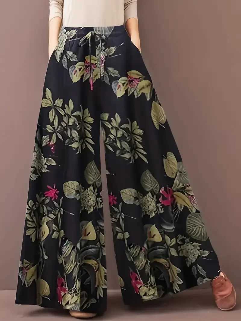 Plus Size 1XL-5XL Women Fashion Ele Floral Print Wide Leg Pants Ladies Casual Loose Fit Long Trousers with PocketsXJ250616