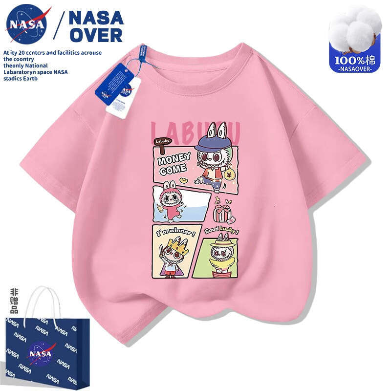 NASA Children's Labubu Summer New Short Sleeve Boys and Girls Versatile Crew Neck Cartoon T-Shirt
