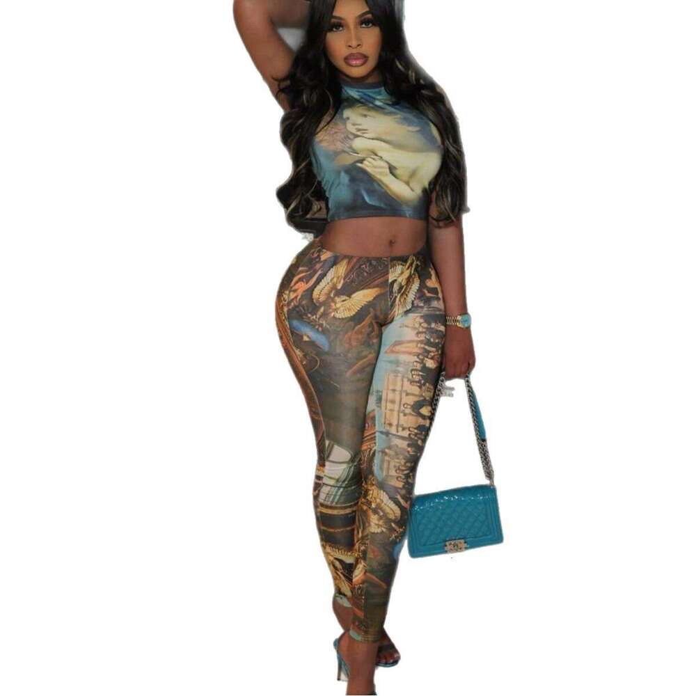Summer New Color-Block Print Sexy Spicy Girl Sleeveless Top And Long Pants Fashion Set B5