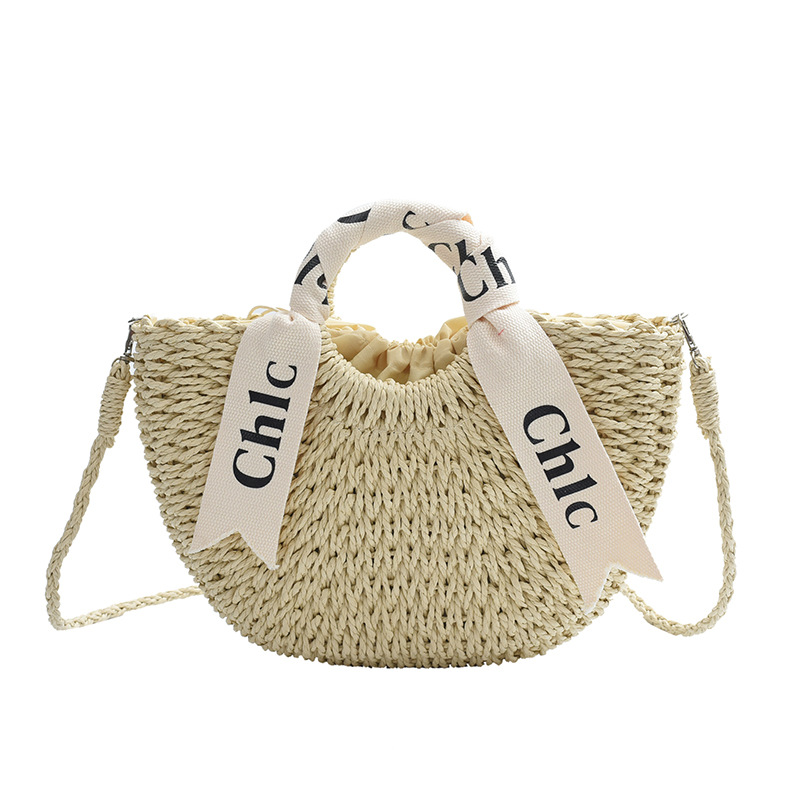 Letter Silk Scarf Hand-Held Straw Woven Bag Papyrus Woven Bag Spring Outing And Vacation Handbag Moon Bag