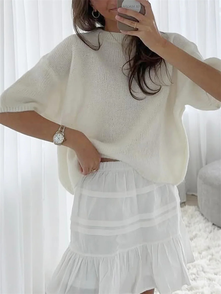 Womens Spring Autumn Knit Sweaters Half Sleeve O Neck Solid Color Casual Knitwear 250614