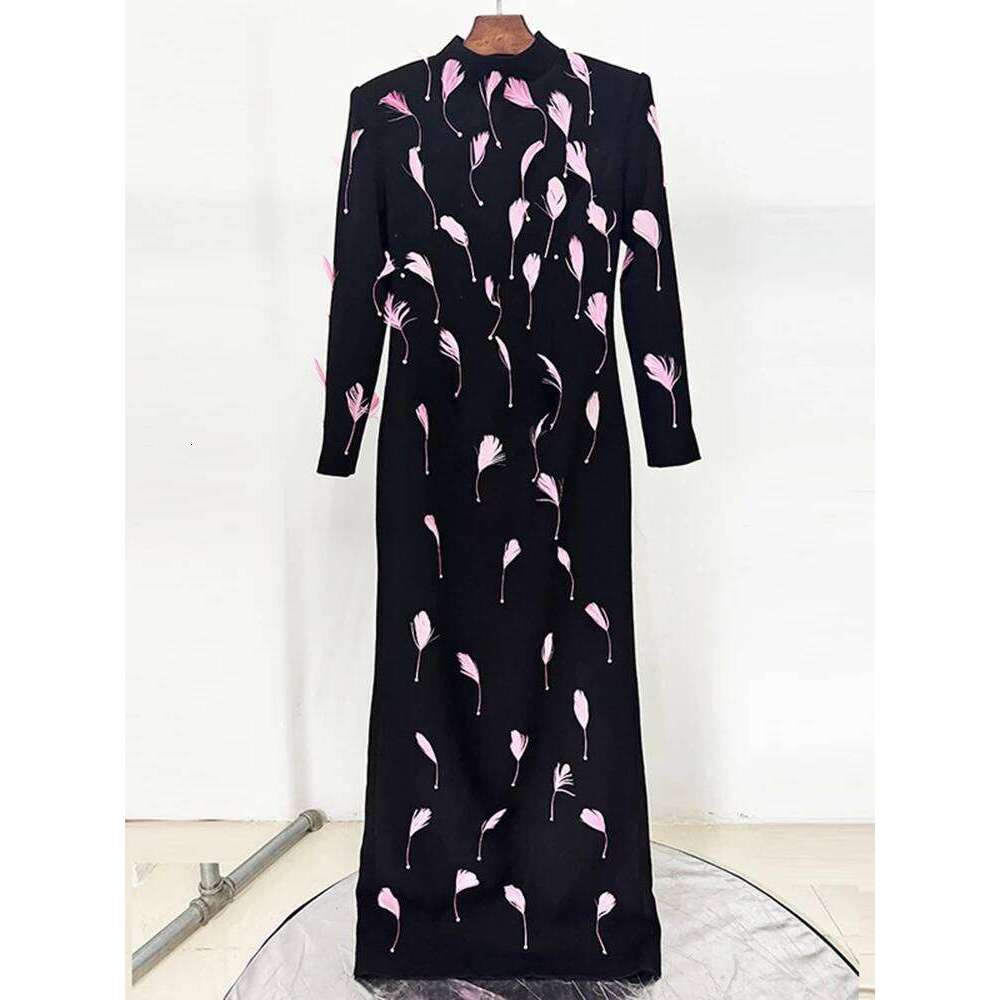 DEAT Elegant Dress Feathers Patchwork Backless Long Sleeve Split Women's Evening Party Dresses 2025 Summer New Fashion 35Z2527