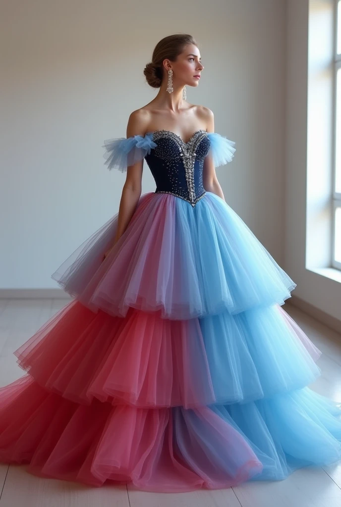 Off-Shoulder Colorful Prom Dresses Sky Blue With Watermelon Tulle Puff Tiered Party Gown Crystal Beaded Sweetheart Birthday Dress Back Lace-Up