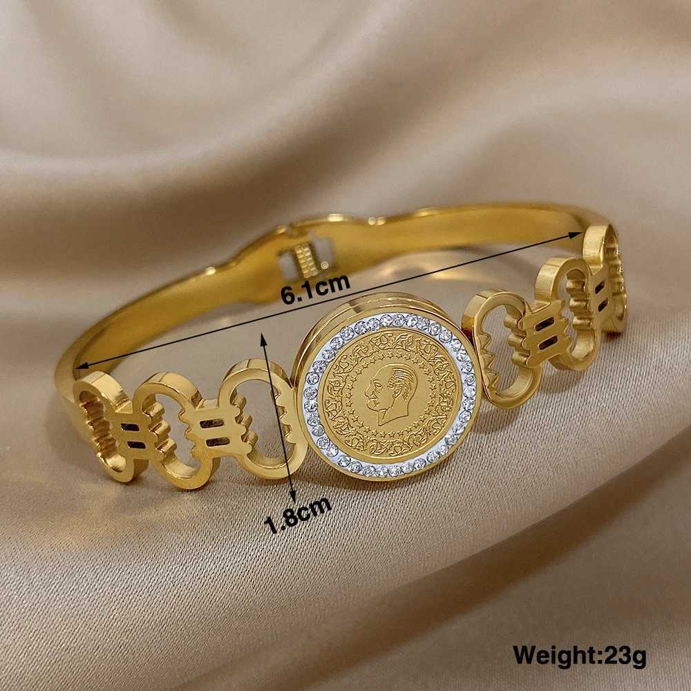 Fashion Rhinestone Coin Gold Plated Stainless Steel Irregular Geometric Wide Cuff Bangle Waterproof Jewelry Z250616