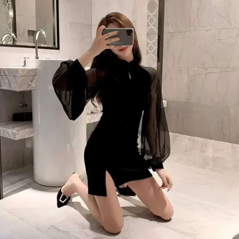 Sensual Sexy Dresses for Women Splicing Woman Long Sleeve Dress Mesh Elegant Chic Cheap Casual One-piece Elastic Pretty Kpop Y2k