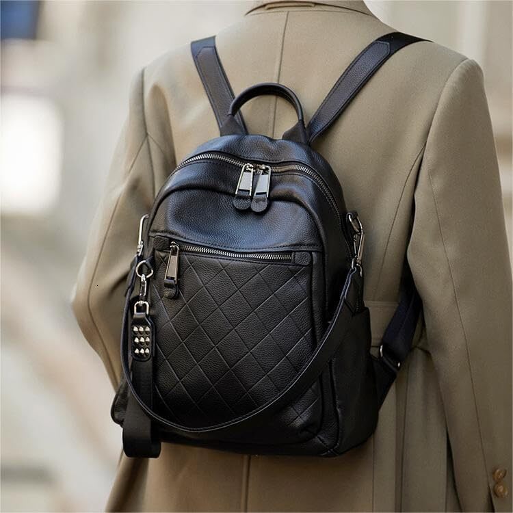 Wesccimo Genuine Backpack Purse For Women Black Quilted Real Soft Leather Fashion Designer Convertible Ladies Shoulder Bag