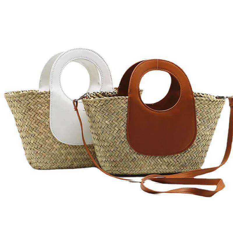 New Waterweed Portable One Shoulder Crossbody Fashion Straw Bag White Black Camel