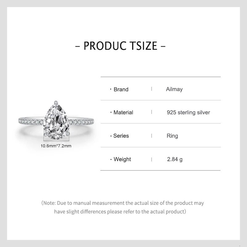 Ailmay 100% 925 Sterling Silver Water Drop Shape 5A Cubic Zirconia Finger Ring For Women Classic Fashion Wedding Jewelry 250610