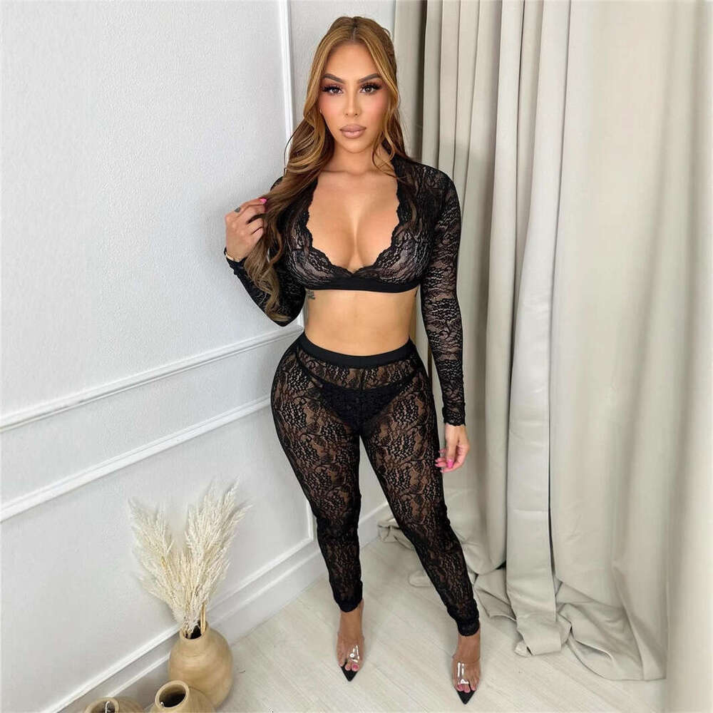 Fashion Solid Color Slim Fit Sexy Lace Sheer Hollow Out Short Long Sleeve Top And Pants Set B5