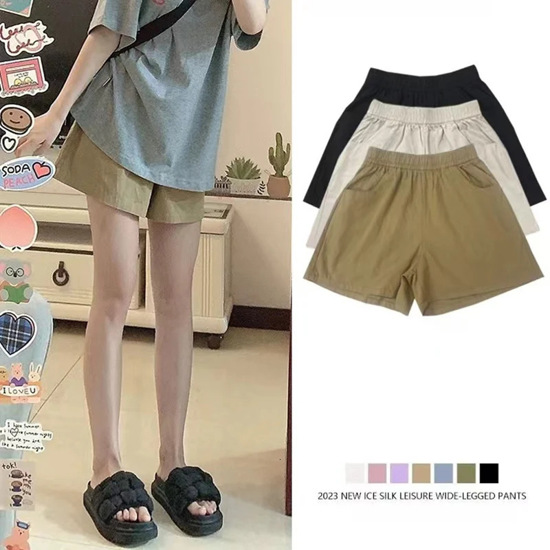 Women Summer Soft Casual Shorts Pants Lady Baggy Wide Leg Elastic Pink Cotton Cargo Pants Female High Waist Beach Baggy Pants 250614