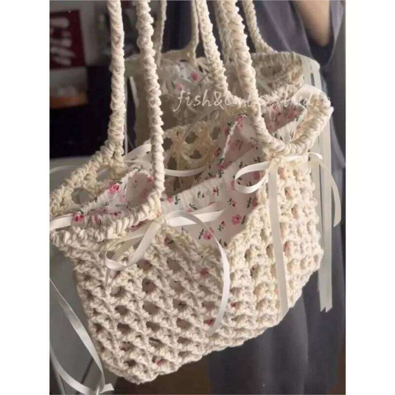 Fairycore Floral Straw Purse Women Summer Holiday Large Capacity Woven Handbag Ladies Retro Cute Beach Bag Aesthetic