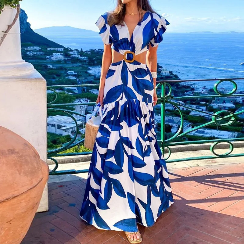 Spring Summer Women Fashion V Neck Belted Party Long Dress Sexy Printing Boho Maxi Dresses Short Sleeve Pocket Female Holiday 250609