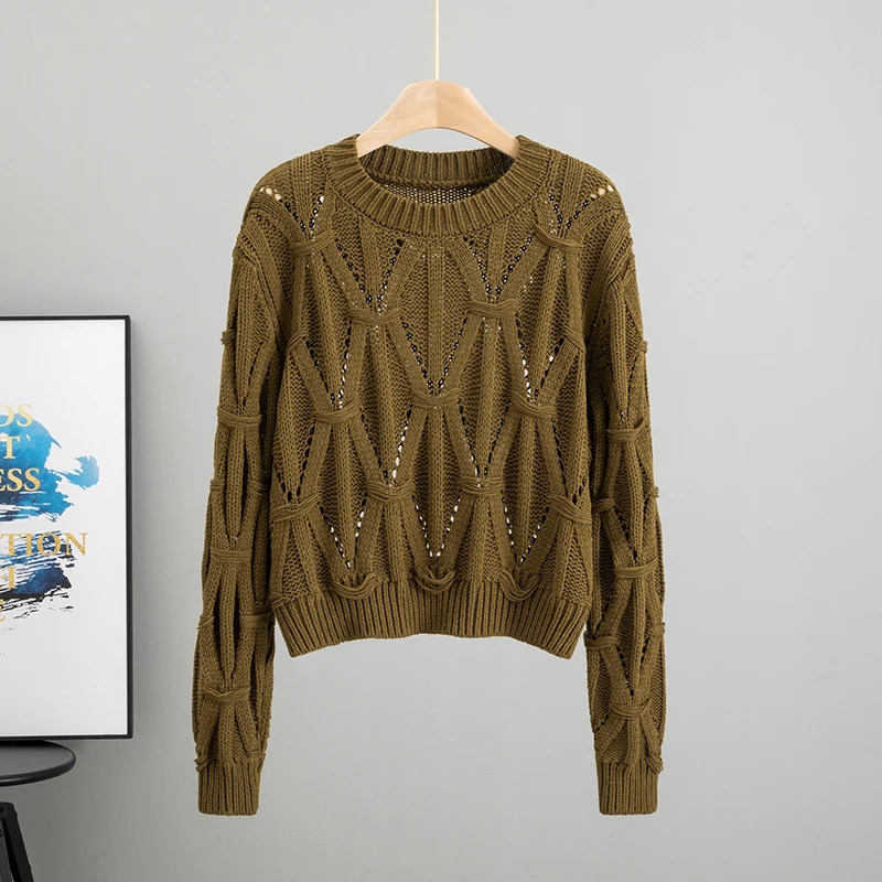 Womens Long Sleeve Top O Neck Knit Lady Autumn Spring Knitted Solid Hollow out Fashion pullover 250614