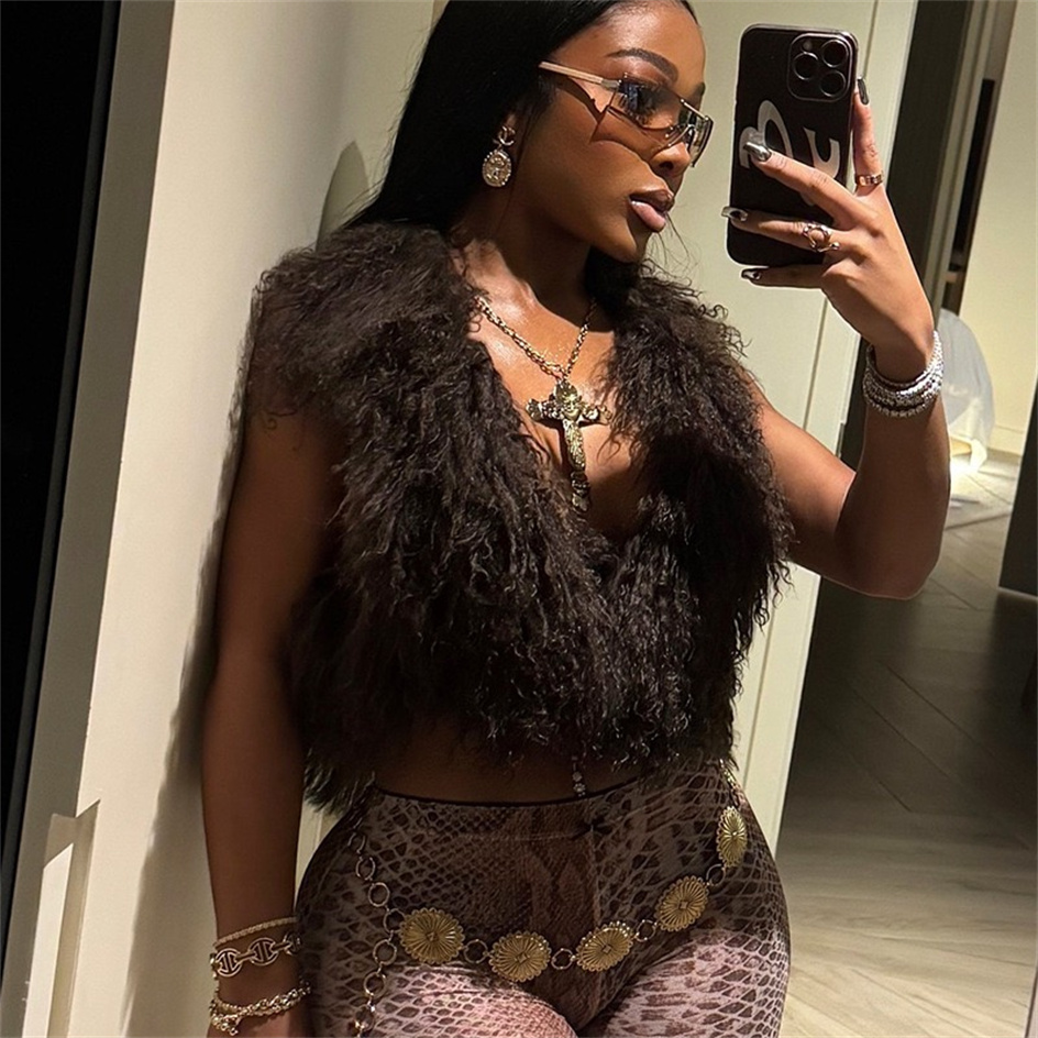 New Fluffy Real Mongolian Fur Halter Cropped Top For Women Sexy Backless Sleeveless Tank Vest Female Chic Street Club Party Chic Tops