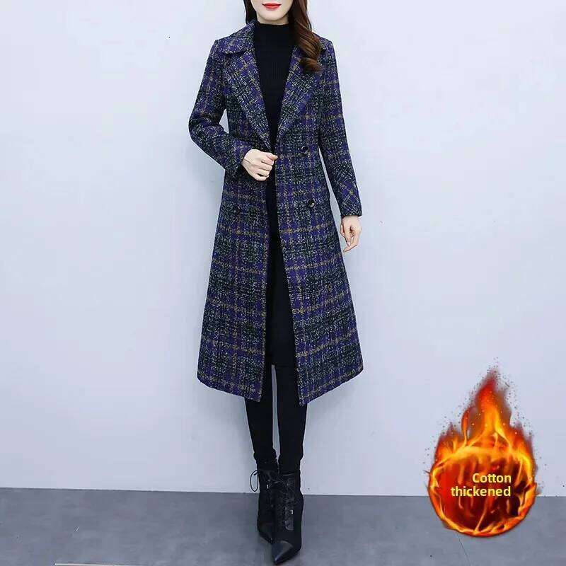 Extended Thickened Woolen Women's Autumn Winter Plaid Outerwear Fashionable Chinese Brand Style Long Coat For Ladies