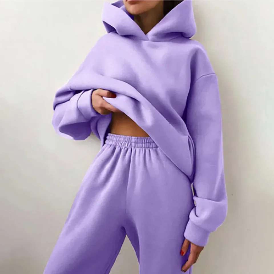 Stylish 2 Piece Women Tracksuit Autumn Winter Hoodies Top Pant Sweatshirts Sweatpants Jogging Pant Outfits Solid Color 250614