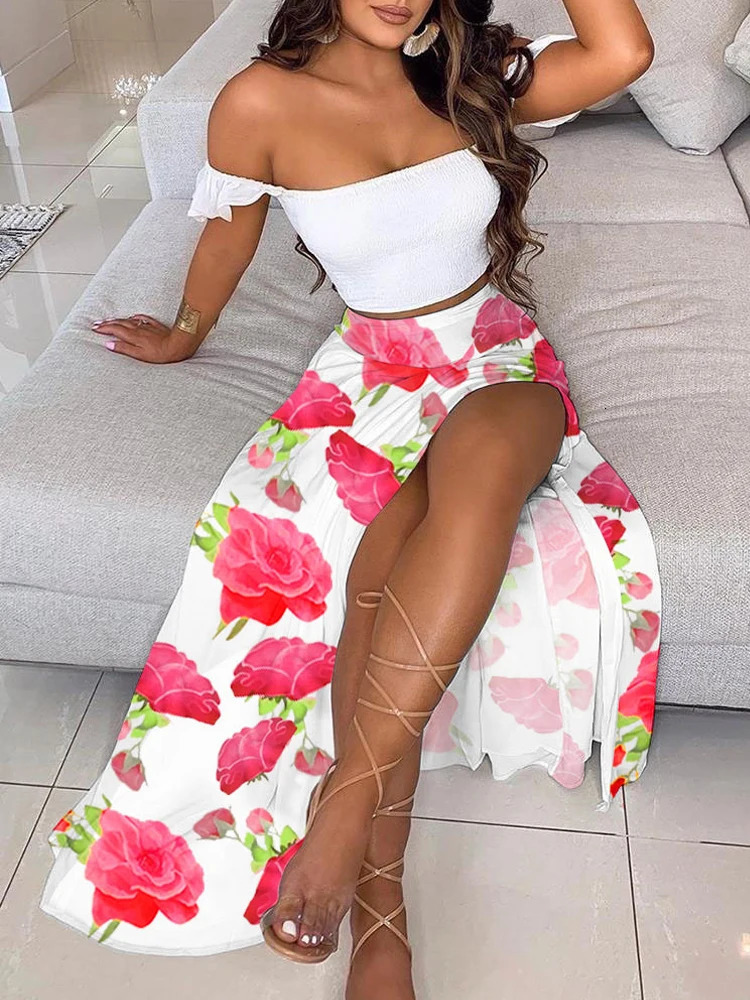 Summer Fashion Sets For Women 2 Pieces Solid Pleated Tops Floral Print High Waist Midi Skirt Female Chic Lady Long Skirts Set 250609