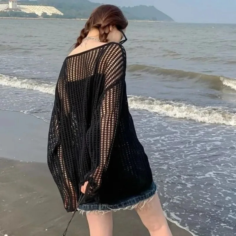 PTKPCC Female Personality Loose Casual Solid Pullovers Women Breathable Hollow Out Lazy Style Japanese Version Sweater Summer 250614