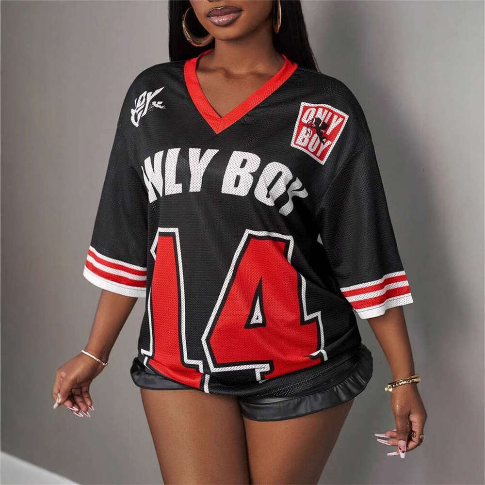 New American Style Loose Casual Sports Jersey Letter Print V-Neck Short Sleeve T-Shirt For Women B5