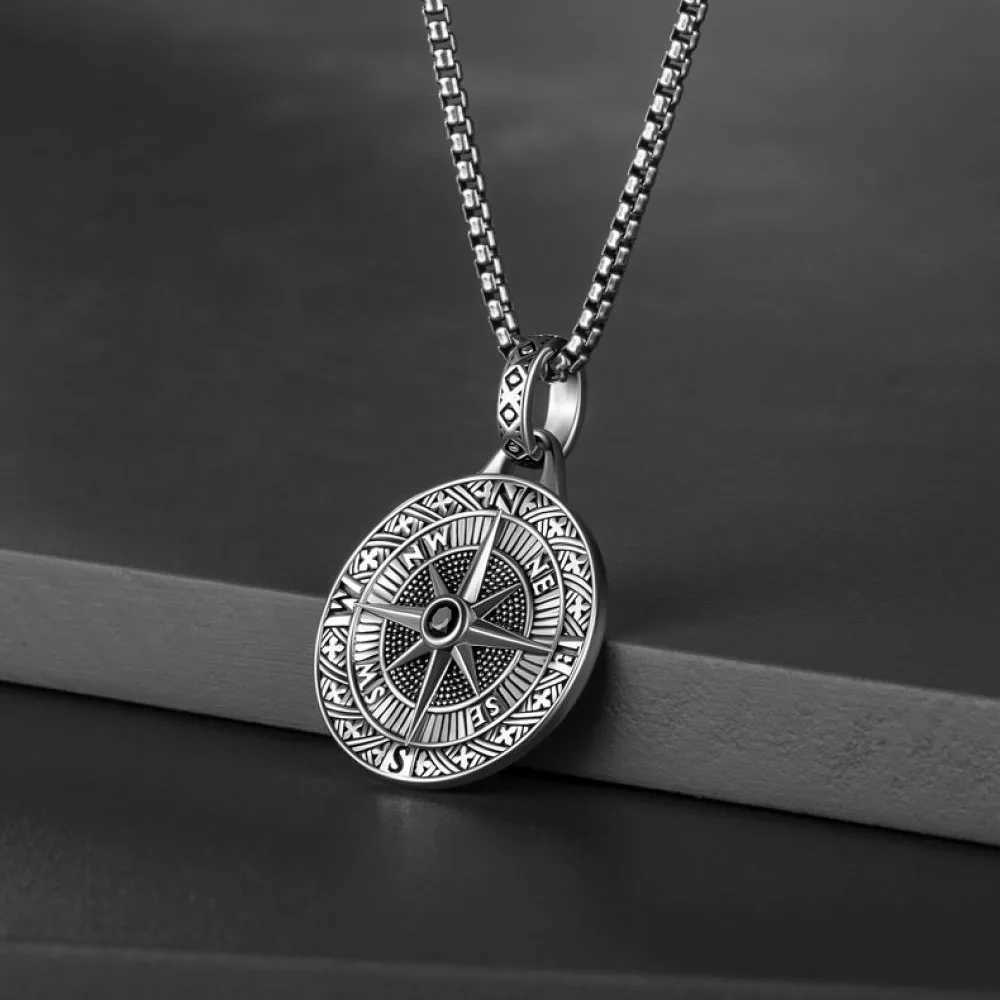 Compass Pendant Necklace For Men hip-hop Style Stainless Steel Chain Vintage Silver Color Neckchain Fashion Men Jewelry Gifts W250616