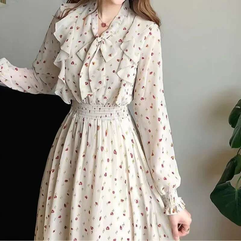 Bow A Line Woman Long Sleeve Dress Splicing Dresses for Women Loose Elegant Luxury On Sales Promotion Korean Fashion Pretty 2025