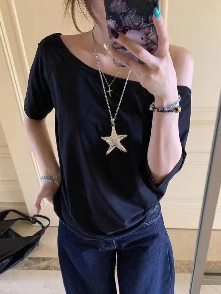 T-shirts Women Niche Off Shoulder Solid Short Sleeve Summer Chic Loose Casual Daily Simple Sexy Korean Trendy Street Tops 250614