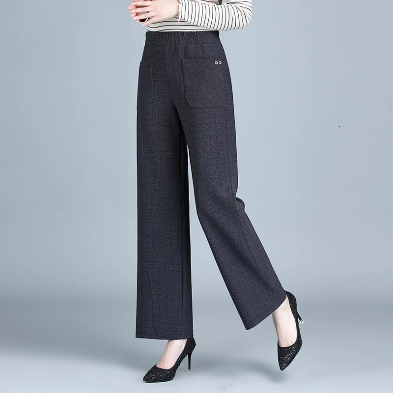 Autumn grid plus Size Pants Women Elastic High Waist Wide Leg Velvet Pant Korean Widdleaged Elderly Women Trousers 250609