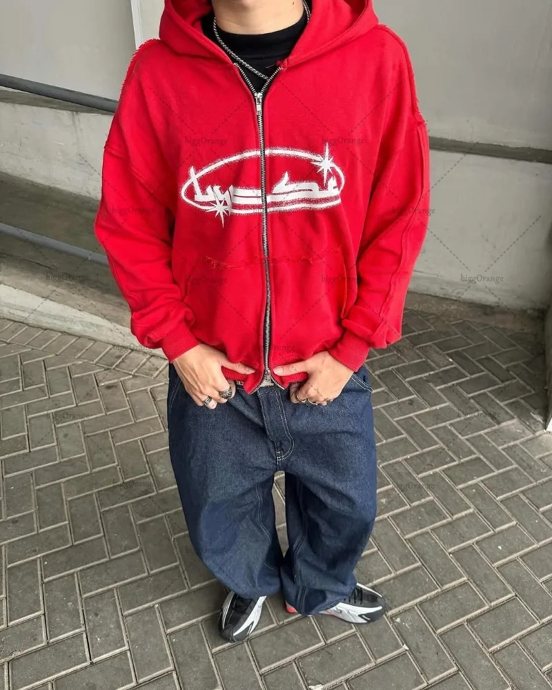 American Style Stylish Letter Pattern Casual Loose Zipper Hoodie Men Street Hiphop Retro Harajuku Oversized Sweatshirt 250612
