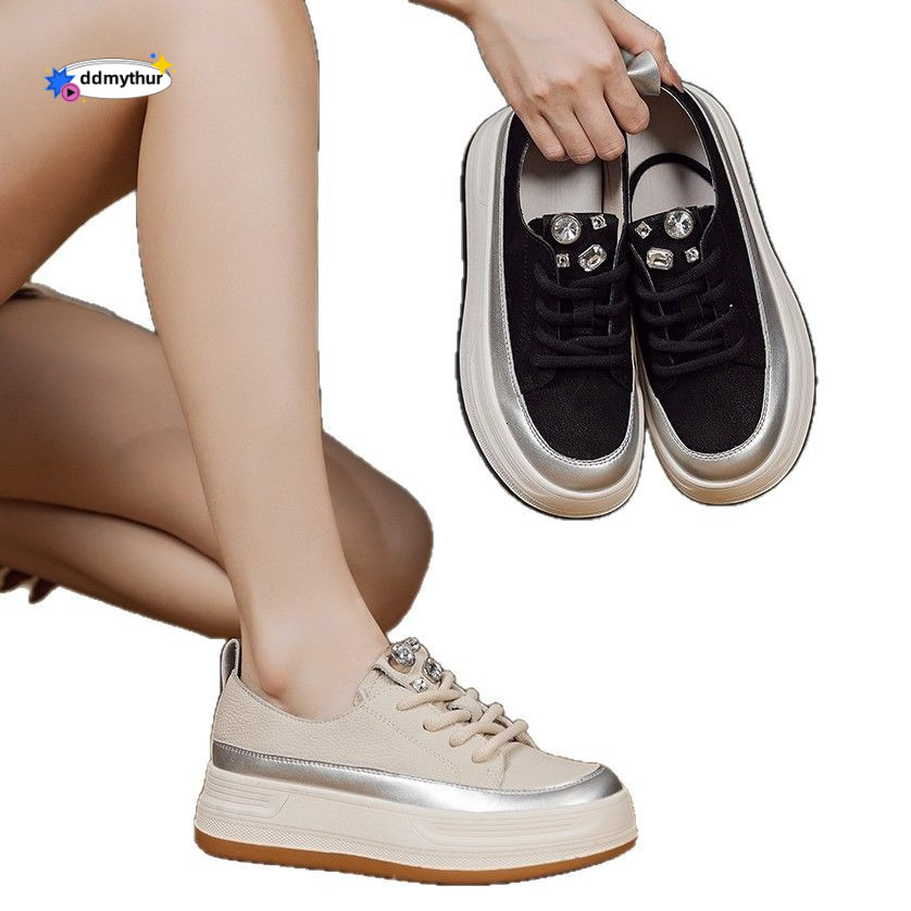 Genuine Leather Casual for Women Thick Sole Height Increasing 2025 Spring Summer New Sneakers Versatile Flat Shoes Trendy ddmythur