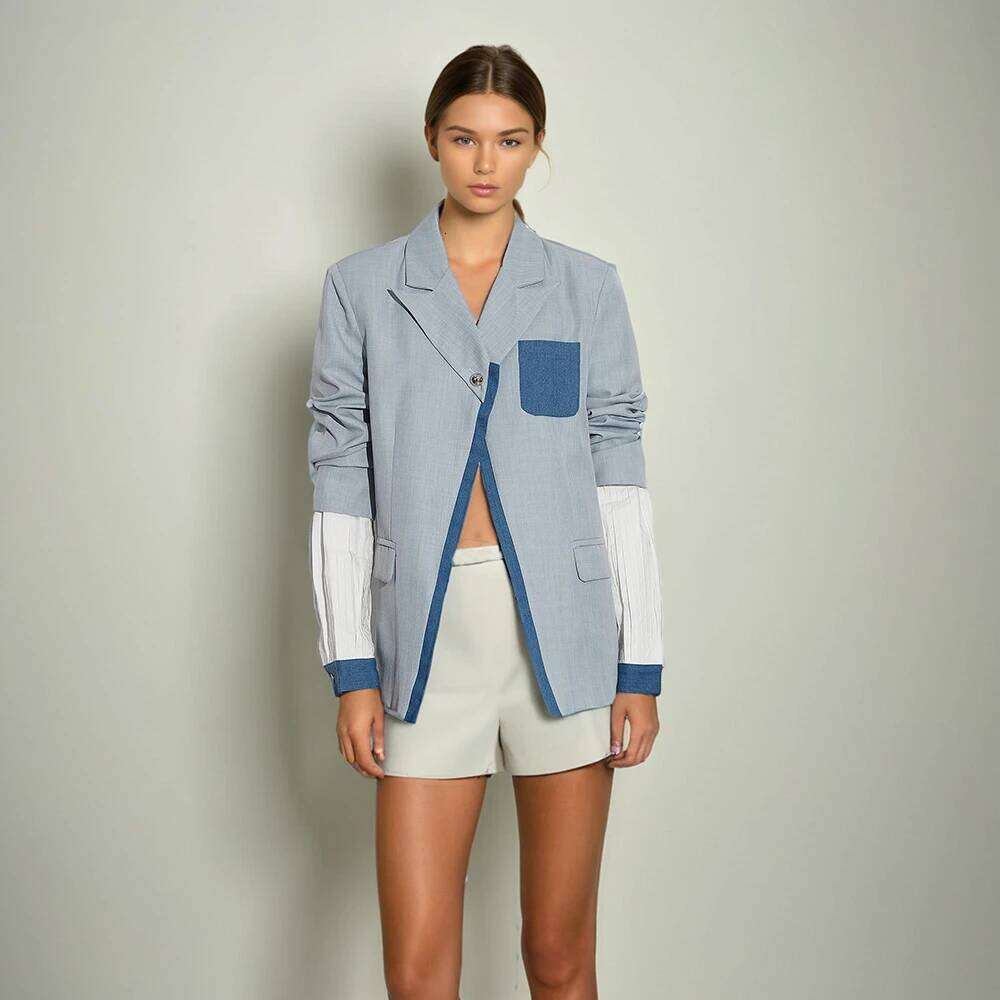 Colorblock Patchwork Denim Chic Blazer For Women Notched Collar Long Sleeve Spliced Pocket Casual Blazers Female