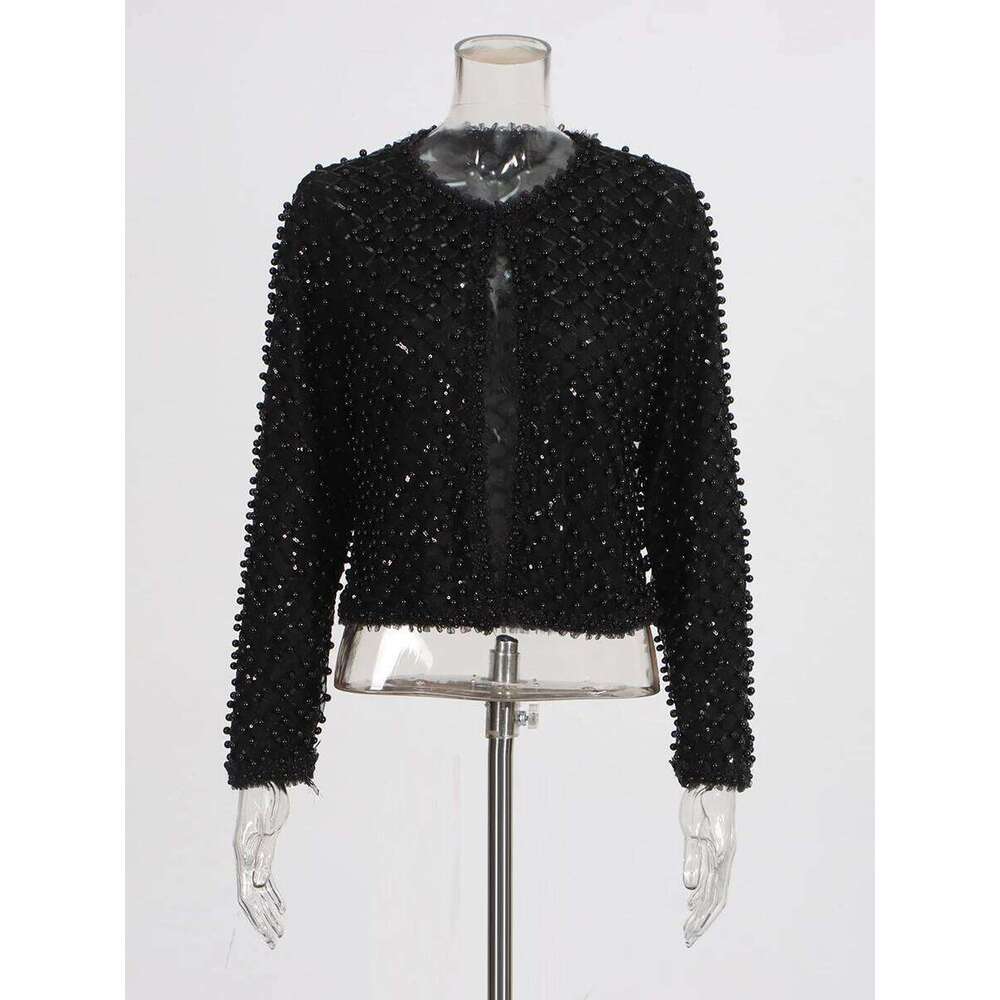 TWOTWINSTYLE Solid Slimming High Street Coat for Women Round Neck Long Sleeves Patchwork Bead Fashion Jackets Female Clothing