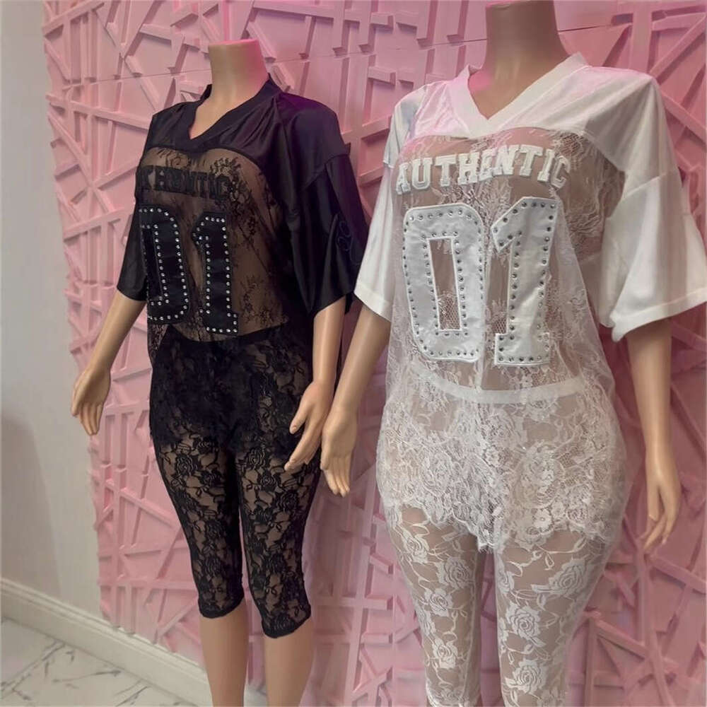 New Style Patchwork Solid Color Embroidered Hollow Lace See-Through Sexy Short Sleeve Top And Shorts Set B5