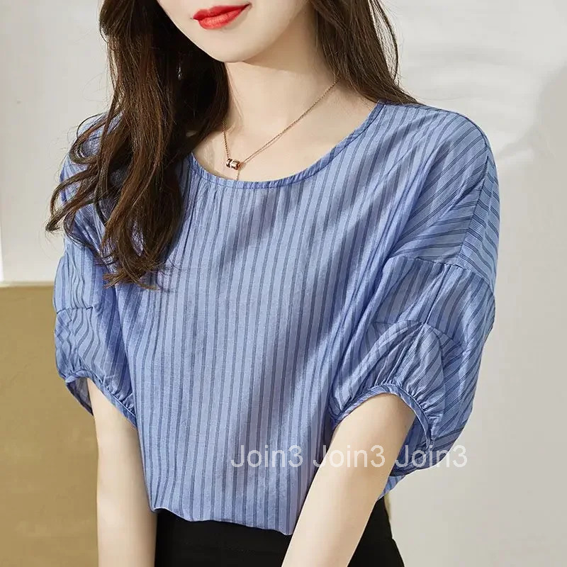 Loose Striped Female Tops Crop Summer Womens Shirt And Blouse Youthful Woman Clothes Xxl Premium Clothing Trend 2025 Xl M