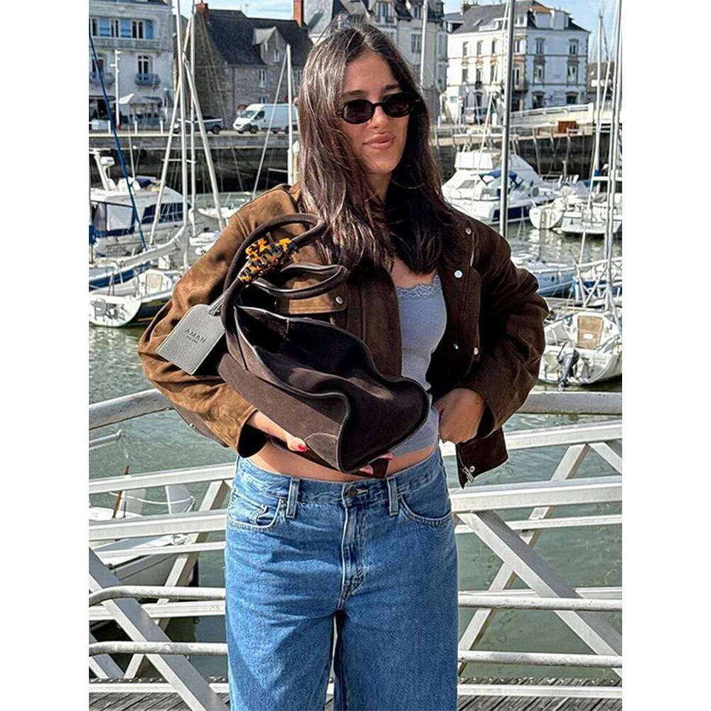 Street Suede Women's Jackets Vintage Brown Lapel Long Sleeve Female Crop Coat 2025 Spring Fashion Pocket Loose Lady Outwears