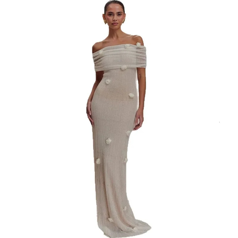 3D Flowers See Through Knitted Maxi Beach Dress Women Elegant Sexy Off Shoulder Bodycon Evening Party Long Robe Beach Cover Ups 250612