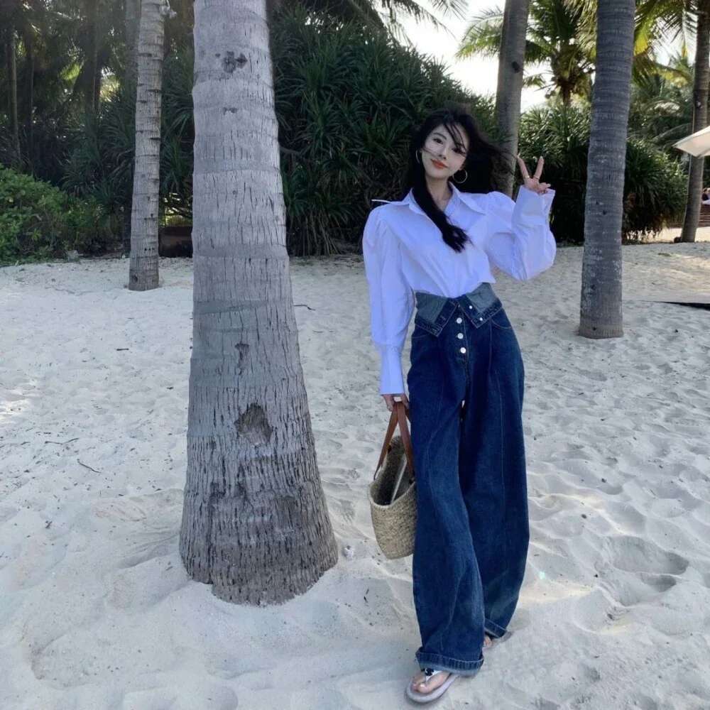 With Pockets Blue Womens Jeans Straight Leg Trousers High Waist Shot Pants for Woman Wholesale Stylish Stretch Good Quality Emo