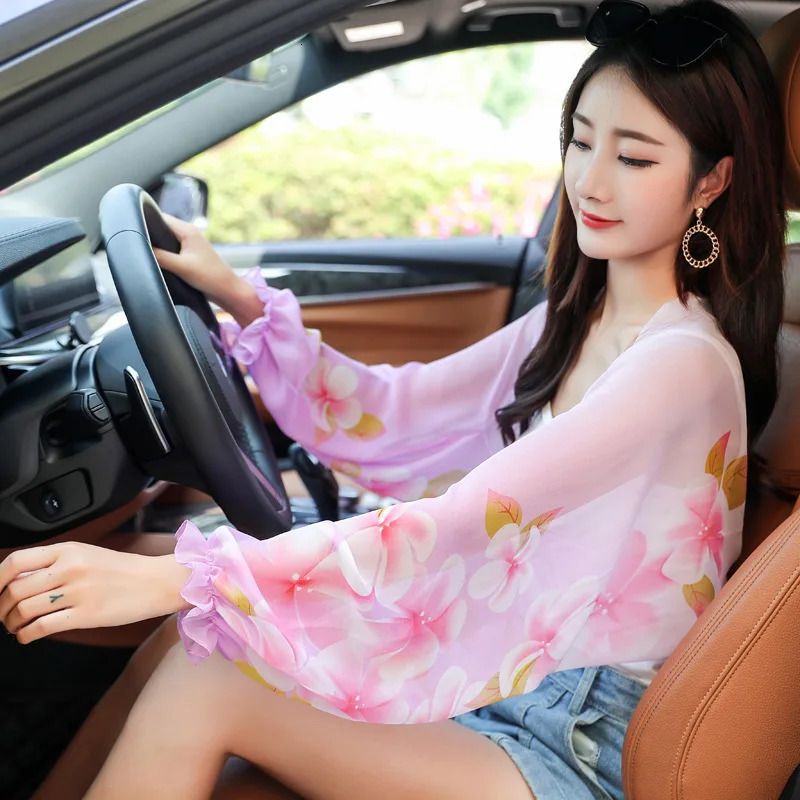 Women Summer Sun Protection Beach Shawl Print Flower Chiffon Sunscreen Riding Arm Shade Scarf Outdoor Cycling Driving Sleeve 250610