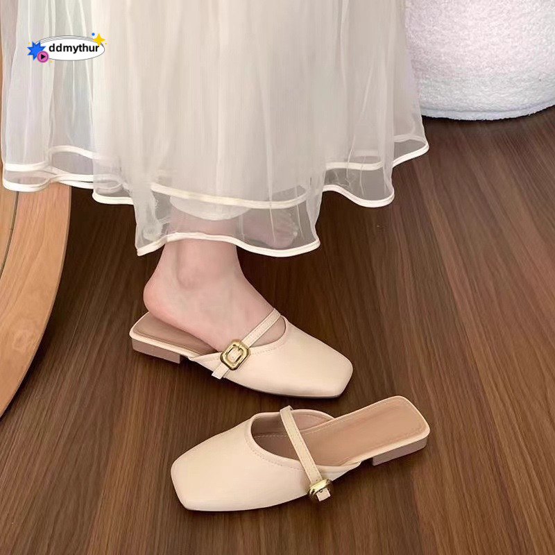 French Style Closed-Toe Half Slippers for Women, Outdoor Wear, Spring/Summer 2024 New Versatile Soft Leather Mules, Mary Jane Shoes ddmythur
