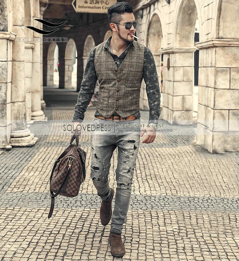 Silver Plaid Suit Vest For Men Wool Tweed Casual Slim Fit Waistcoat Formal Business Vest For Groomsmen For Wedding 250614