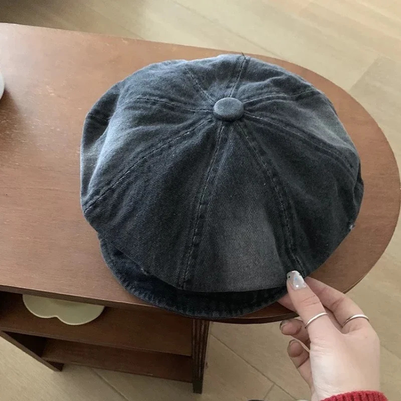 Retro Tie-dye Hole Denim sboy Hats for Men and Women Spring Summer Casual Versatile Literary Octagonal Berets Cap 250604