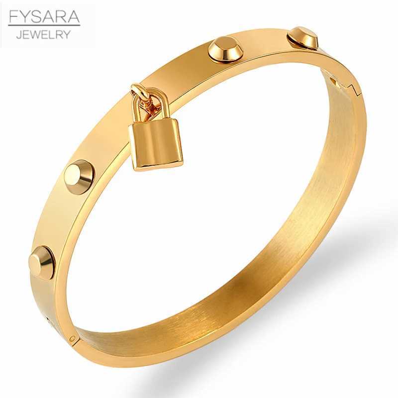 FYSARA Punk Style Lock Charm Rivet Spike Bangle Stainless Steel for Women Men Classic Brand Pulseiras Jewelry Gifts Z250616